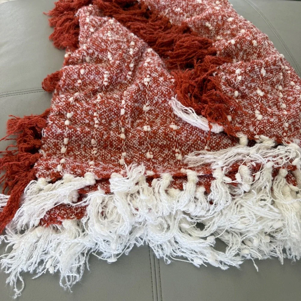 BB Shabby Chic Rust Orange White Textured Woven Throw Blanket with Fringe‎ Trim